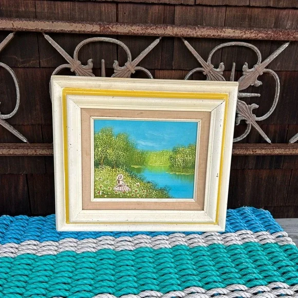 Vintage Landscape Impressionist Oil Painting of a Lady by a Lake. - Picture 9 of 11